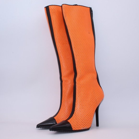 Michael Kors Perforated Leather Abigail Runway Boots Orange/Black Size 40 New - Picture 2 of 12
